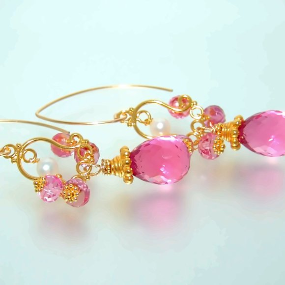 Gold Pink Topaz Pink Quartz Earrings Gemstone Briolette Chandelier Earrings - Picture 5 of 6